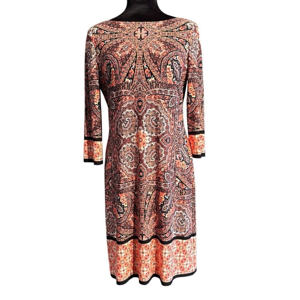London Times Black and Orange Floral & Paisley Boat Neck Stretch Shift Dress